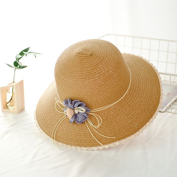 

wide brim hats summer handmade flower straw hat women's garland sunbonnet bucket roll-up hem beach cap sun for women, Blue;gray