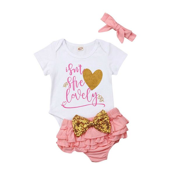 

2020 newborn baby girl одежда письмо печать ромпер tops + пачка шорты + оголовье наборы 3pcs, White