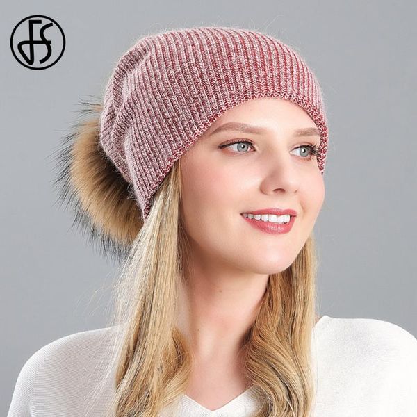 

fs 2020 winter hats for women fur pom pom skullies beanies outdoor keep warm slouchy cap knitted hat casquette, Blue;gray