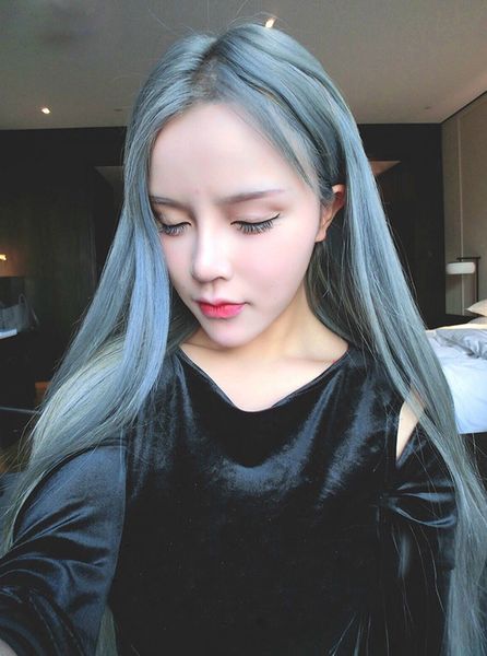 

european and american wigs blue gray long straight hair japanese soft girl lo wig lolita big scalp, Black