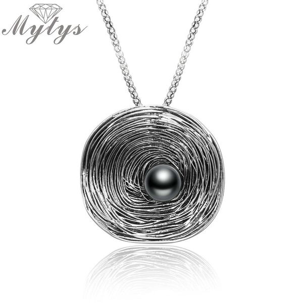 

mytys big round pendant necklace black pearl vintage retro style antique necklace statement jewelry cn364, Silver