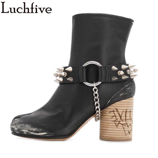 

woman split toe old punk boots ring belt button round wood heel designer rivet boots new black genuine leather ankle woman