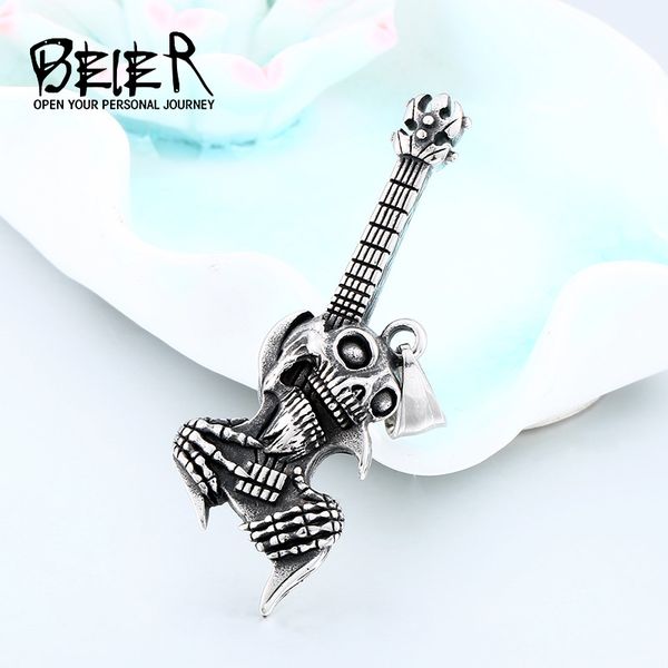 

beier hip hop stainless steel the music guitar skull pendant short necklace punk fashion jewelry man organizer gift lhp021, Silver