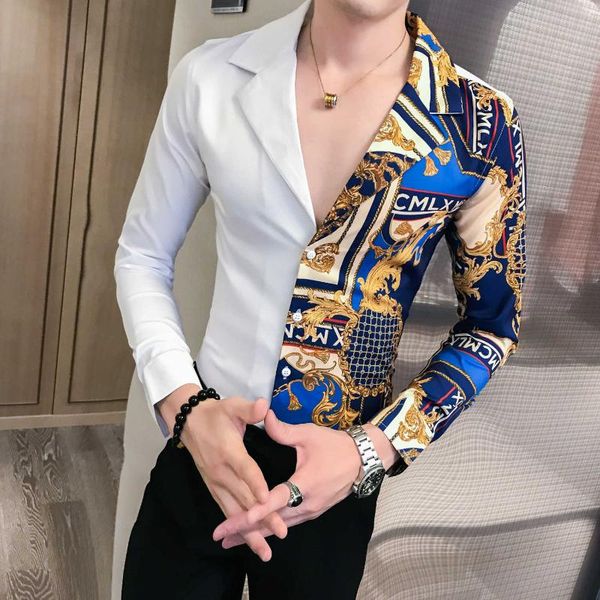 

luxury black gold shirt 2020 autumn baroque men shirt long sleeve patchwork casual men slim fit print party club, White;black