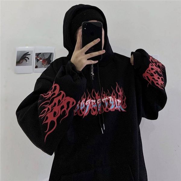 

cool autumn flaming fire print hoodie woman streetwear 2020 black punk casual loose hip hop pullover hoodies sweatshirts