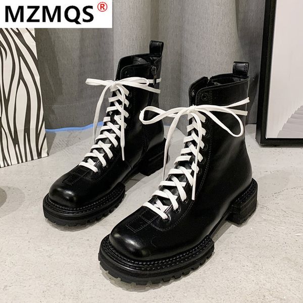 

2020 new pu leather waterproof ankle boots for women autumn winter fashion flat heels lace up botas mujer platform shoes, Black