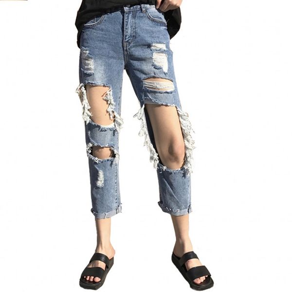 

women's jeans ripped loose staight boyfriend woman 7js008, Blue