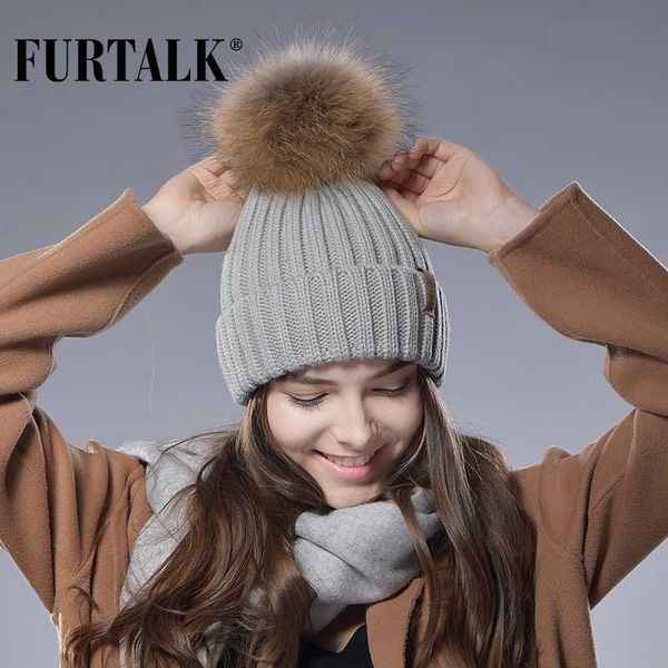 

furtalk real fur hat трикотажная real big енот pom pom hat зимы женщин, Blue;gray