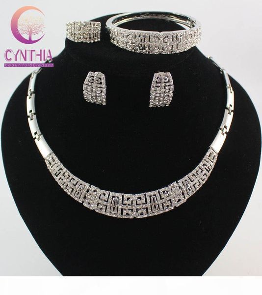

fashion 18k white gold plated bridal jewelry sets for women trendy rhinestone necklace bangle earrings ring africa jewelry set jewelry boxes, Black