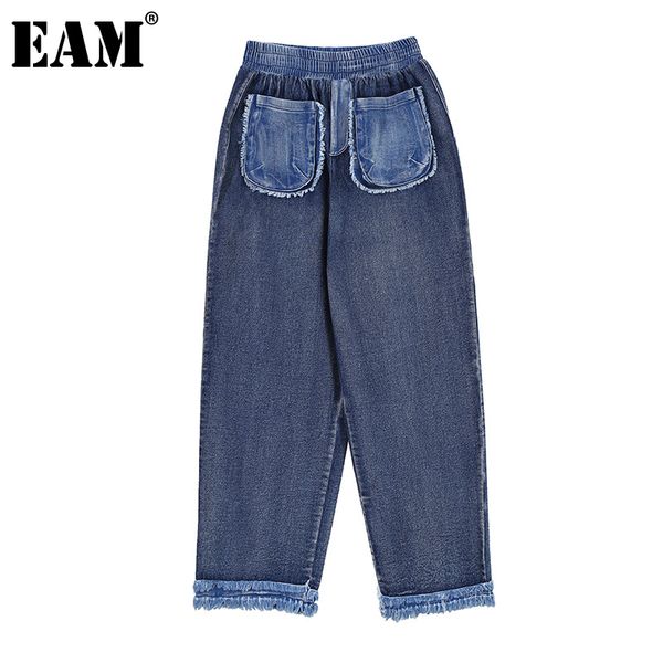 

eam] blue burr split joint long wide leg jeans new high waist loose women trousers fashion tide spring autumn 2020 1z179