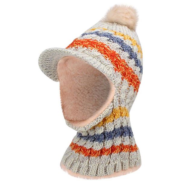 

soft knitted hat women's winter cap stripe hair ball neckwear plus velvet thick knit warm hat russia fur hats t3, Blue;gray