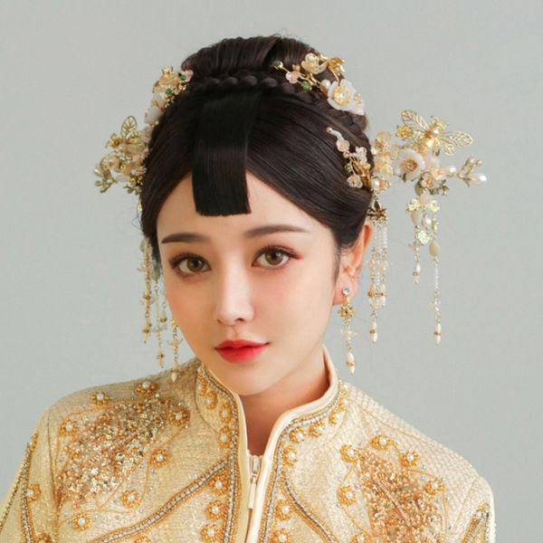 

niushuya high end bride xiuhe headdress golden classical chinese tassels ancient han phoenix hairpins hair accessories, Golden;silver
