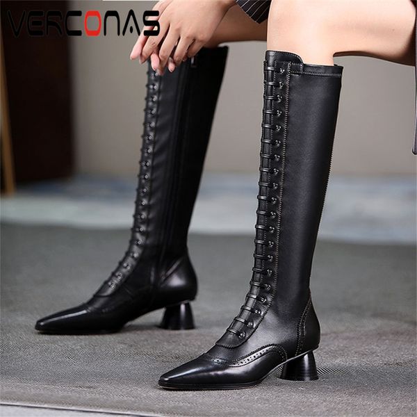 

verconas autumn winter genuine leather women knee-high boots narrow band shoes woman zipper pointed toe high heels long boots, Black