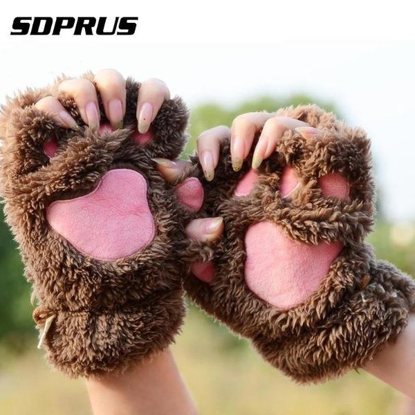 

five fingers gloves winter women fingerless fluffy bear cat plush claw half finger glove cover female animal mitten, Blue;gray
