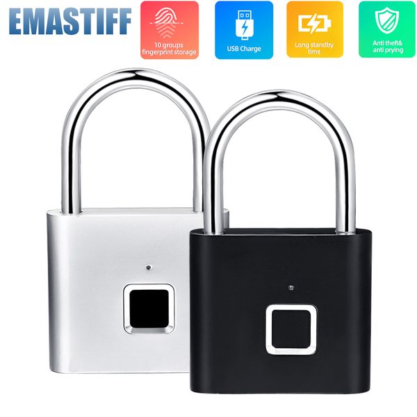 

black silver keyless usb rechargeable door lock fingerprint smart padlock quick unlock zinc alloy metal self developing chip