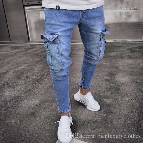 

men designer jogger jean big pockets design pencil pants zipper biker jeans teenage clothing jeans, Blue