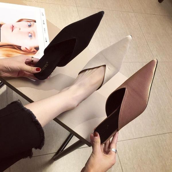 

female shoes slippers casual mules for women 2020 pointed toe med slides thin heels new luxury cover rubber basic rome silk, Black