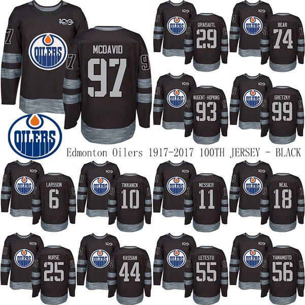 

edmonton oilers 1917-2017 100th anniversary jersey 97 connor mcdavid 29 leon draisaitl 74 ethan bear any name any number hockey jerseys, Black;red