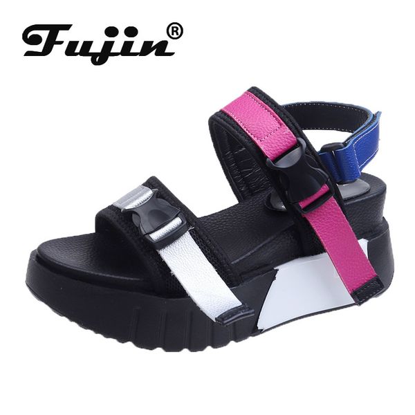 

fujin platform sandals wedge high heel 2020 summer shoes women thick sole slides sandals casual adjustable wide soft beach shoes, Black