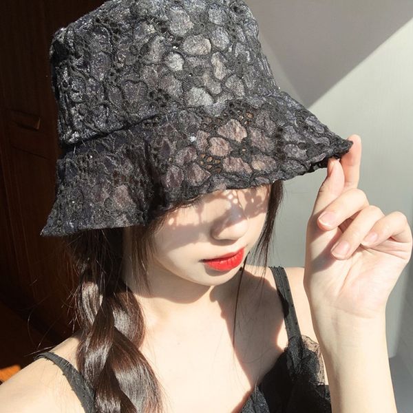 

wide brim hats summer women hat hollow out lace little flower basin sun female sweet cap, Blue;gray