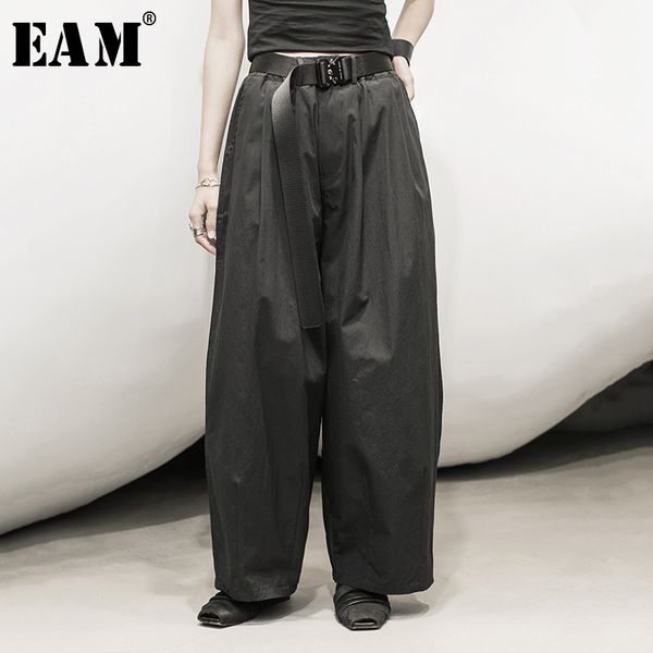 

eam] high elastic waist leisure black long wide leg trousers new loose fit pants women fashion tide spring autumn2020 1y360, Black;white
