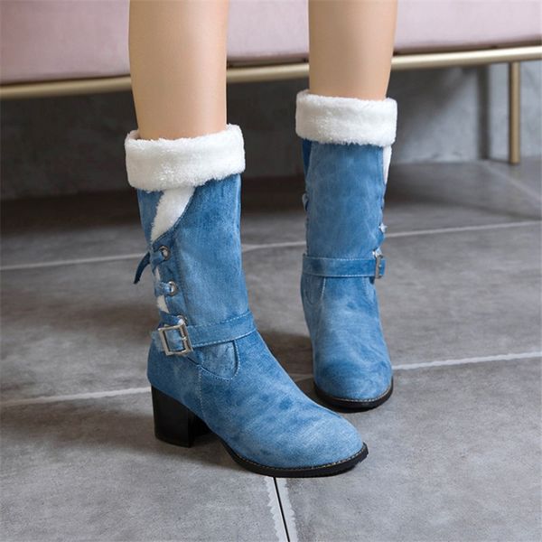 

pxelena large size 34-45 women denim blue boots buckle faux fur chunky high heels jean mid calf boots 2020 shoes cross tied, Black