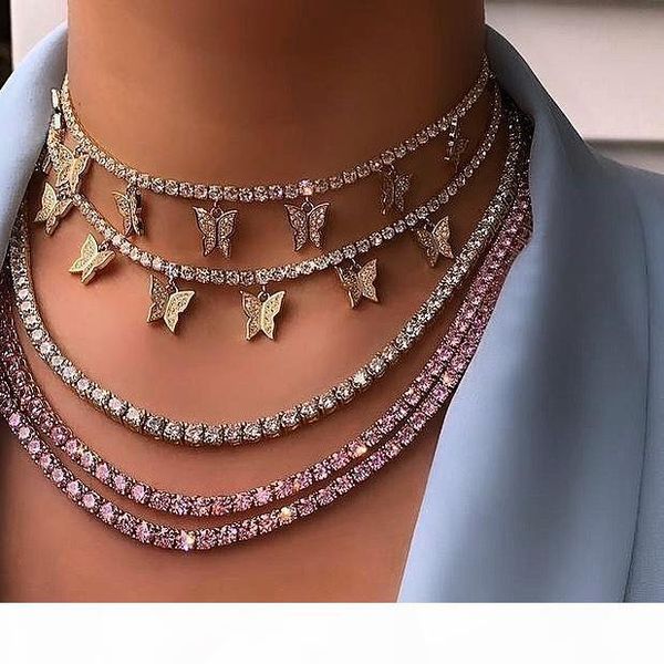 

gold filled iced out bling hip hop women charm jewelry geometry heart arrow cz tennis chain with cz butterfly choker necklaces, Silver