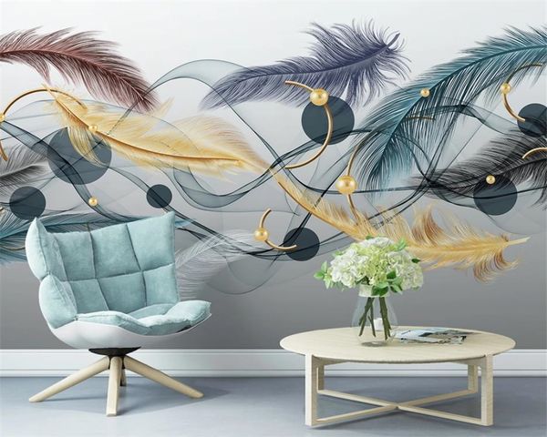 Papel de parede 3d para o quarto Nordic Modern Simple Light Luxo Feather Abstract Smoke pequeno fresco romântico Silk decorativa Mural Wallpaper