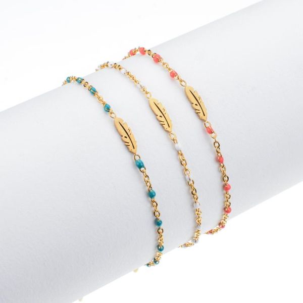 

fashion gold color leaves stainless steel link chains bracelet seed beads feather charm bracelet gift wemon party jewelry, Red;blue