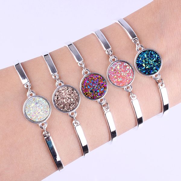 Heißer Verkauf 12mm Handgemachte Druzy Manschette Armband Trendy Frauen 925 Silber Ton Großhandel Harz Stein Armband