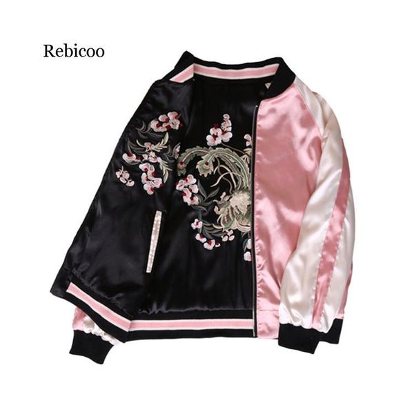 

floral embroidery women jacket autumn winter harajuku pilot jacket on both sides casual baseball jackets coats sukajan, Black;brown