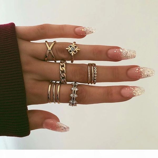 

8 pcs set rings set vintage rhinestone midi finger ring sets for women gypsy dancer boho party jewelry, Silver