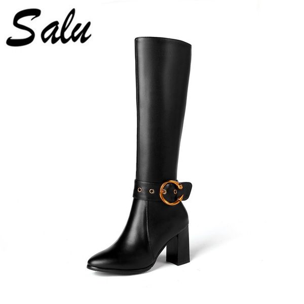 

salu new style winter boots fringe high boots real leather woman shoes high and thick heel calf leather ladies, Black