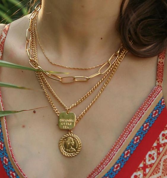

exaggerated ornaments coin figure coin square alloy letters engraved character chain multi-layer necklace, Silver