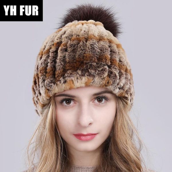 

beanie/skull caps 2021 real rex fur hat women winter warm handmade knit 100% with ball beanies hats, Blue;gray