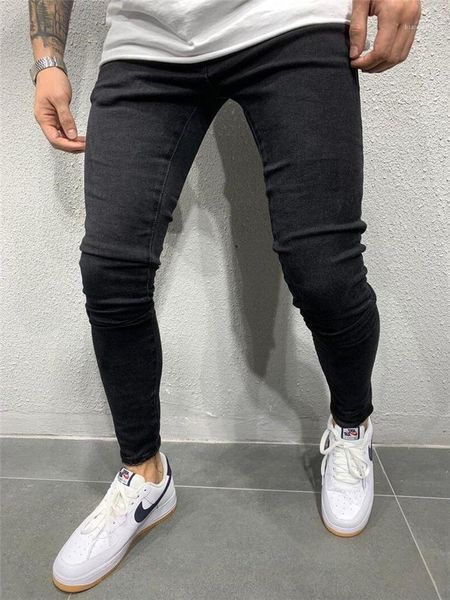 

сплошной цвет мытый slim fit mid талии брюки карандаш мужская мода homme брюки street style мужские дизайнерские джинсы повседневный, Blue