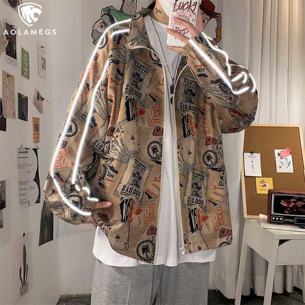 

aolamegs reflective jackets men pattern printing coat japanese loose windbreaker distressed harajuku hip hop autumn outwearm-5xl, Black;brown