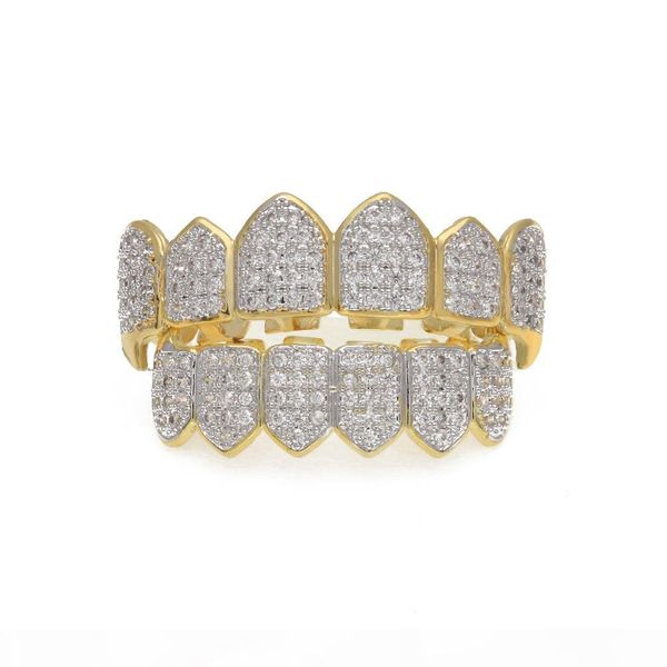 

hip hop micro pave cubic zircon teeth grillz caps &bottom men women gold silver color vampire fangs grills set, Black