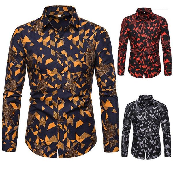

geometric and leaves printed long sleeve shirt fashion lapel neck mens shirts spring mens designer shirts casual fashion, White;black