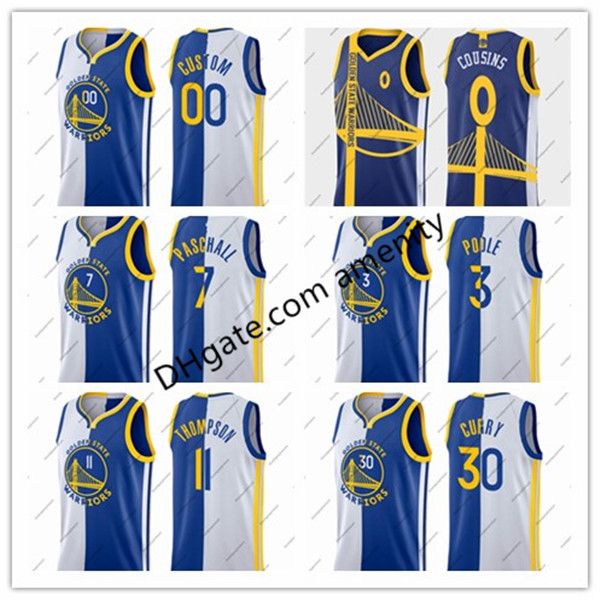 

custom golden state warriors 30 curry 11 thompson 7 paschall white basketball jerseys klay eric stephen blue split jersey, Black