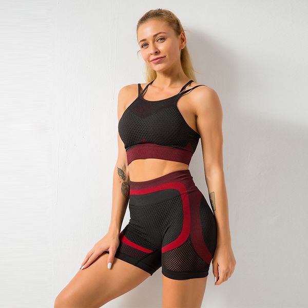 

running seamless gym leggings tights push-up sports bra set new style quick-drying breathable yoga vest shorts suit women, White;red