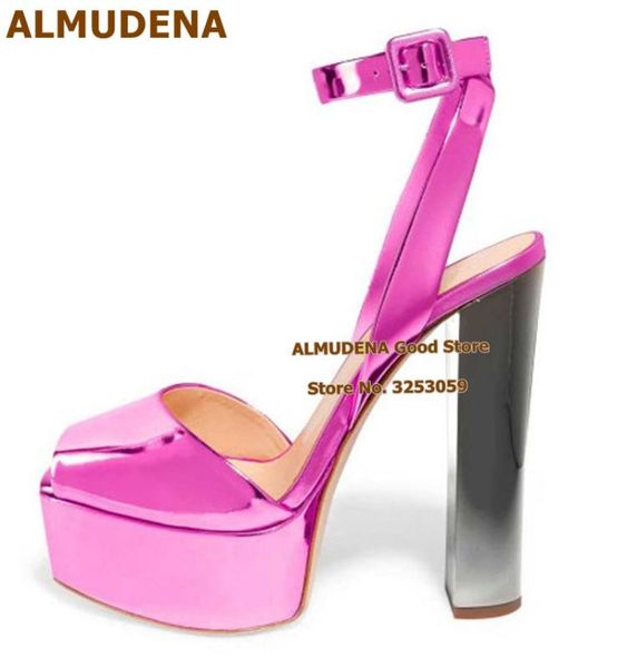 

almudena fuchsia patent leather chunky heels platform buckle strap sandals open toe women wedding shoes nighclub dress pumps, Black