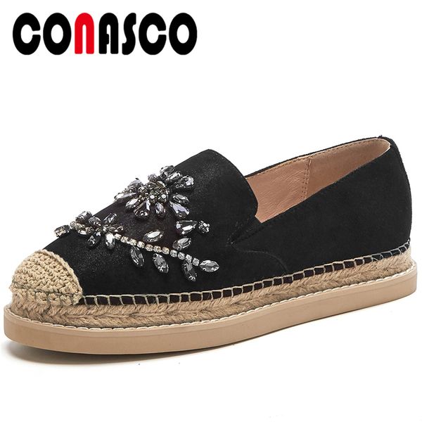 

conasco fashion casual spring summer new genuine leather women flats crystal rhinestone applique woven flat platform shoes woman, Black