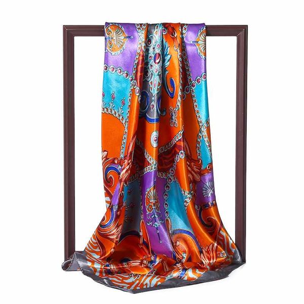 

luxury women silk scarf neck shawls wraps foulard hijab chain print lady square scarves satin bandana, Blue;gray
