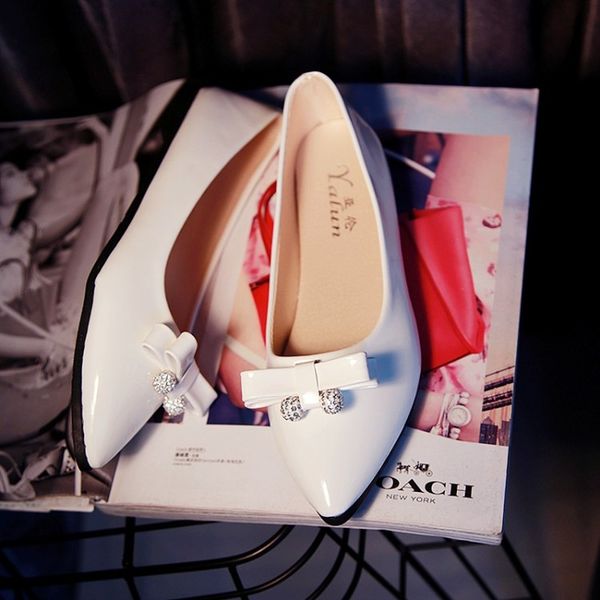 

women shoes new fashion tide exquisite metal bowknot shallow mouth flat pointed toe casual ladies pu leather work shoes h14-66, Black