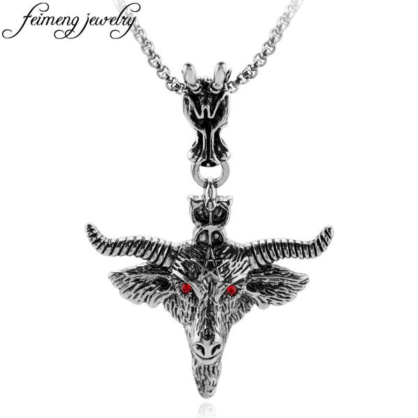 

baphomet pentagram goat head pendant amulet sabbatic occult red eye goat necklace retro pagan magical ritual jewelry, Silver