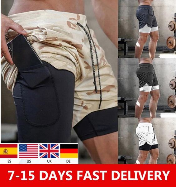 

men casual shorts 2 in 1 running shorts quick drying sport gyms fitness bodybuilding workout pockets jogging beach short, Black;blue