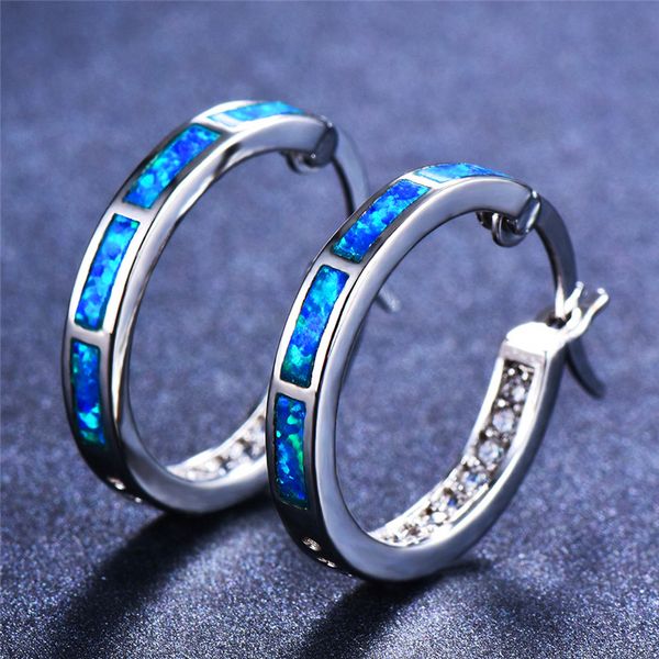 

hoop & huggie cute female white blue fire opal earrings small round circle for women vintage silver color wedding, Golden;silver
