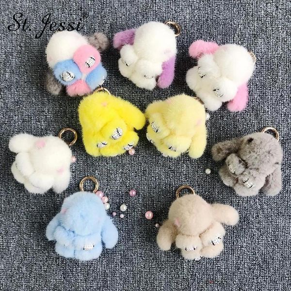 

keychains st.jessi 2021 crystal style 10cm mini real cute keychain ladys girls bag car key ring pompon pendant, Silver