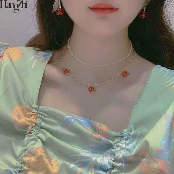 

chokers hangzhi 2021 korean clear red cherry pendant double layer beads vintage sweet clavicle choker necklaces for women jewelry, Golden;silver
